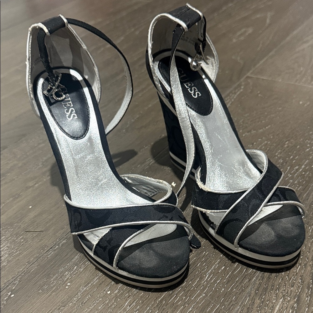 GUESS Black and Silver Strappy Heels